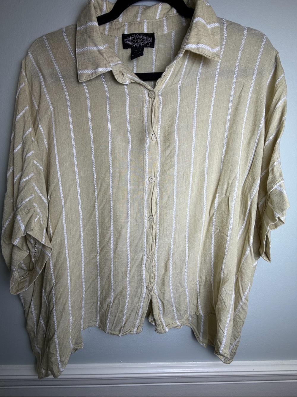 One World Beige White Striped Oversized Button Down Dolman Top Size L
